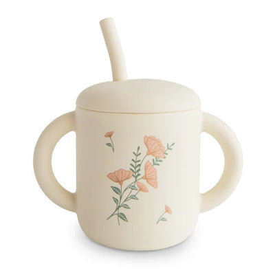 Copo Infantil Mushie Com Alças e Canudo Pink Flowers - Fácil de Limpar