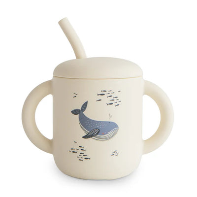Copo Infantil Mushie Com Alças e Canudo Whales - Fácil de Limpar